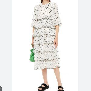 GANNI Lowell Tiered Polka-dot Plissé-chiffon Midi Dress In White